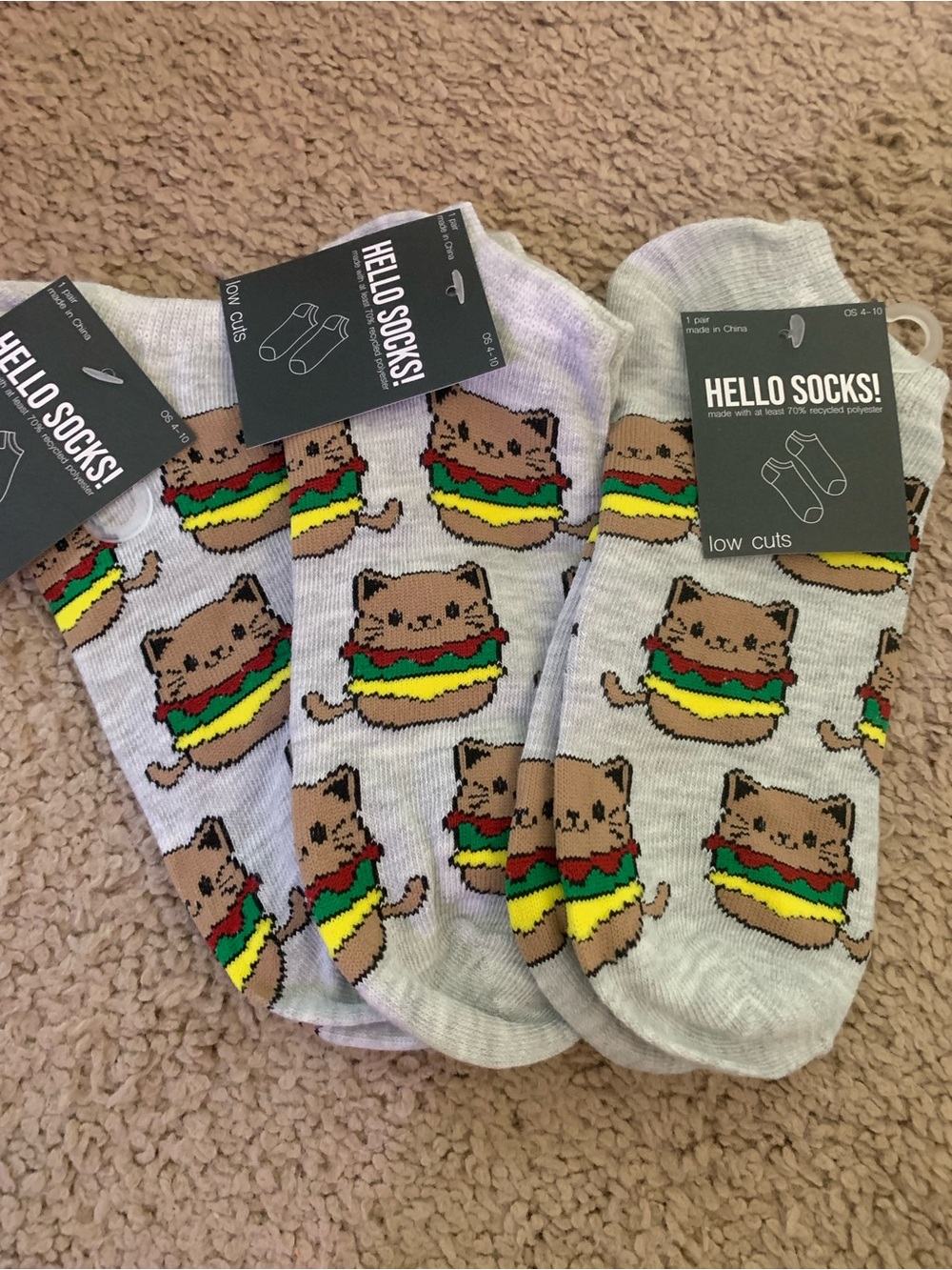 3 PAIRS! Women's Low Cut Cat Burger Novelty Socks - Light Gray